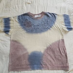 Embroidered Tie-Dye Crewneck Tee - Blue, Cream & Mauve